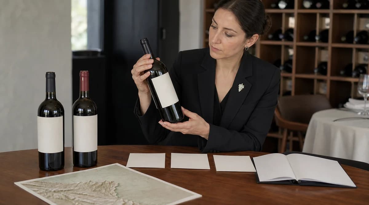 Sommelier revisa botellas, fichas de origen y un mapa de San Luis Potosí