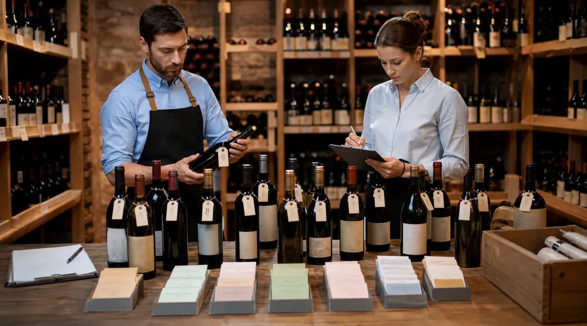 Sommelier y analista clasifican botellas mediante atributos y etiquetas de instancia separados