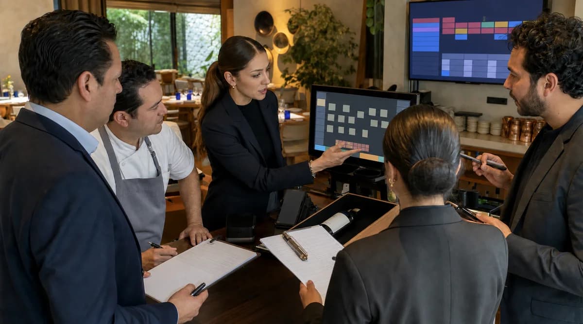 Equipo de restaurante evaluando una demostración de POS con cocina, sala, cava y caja