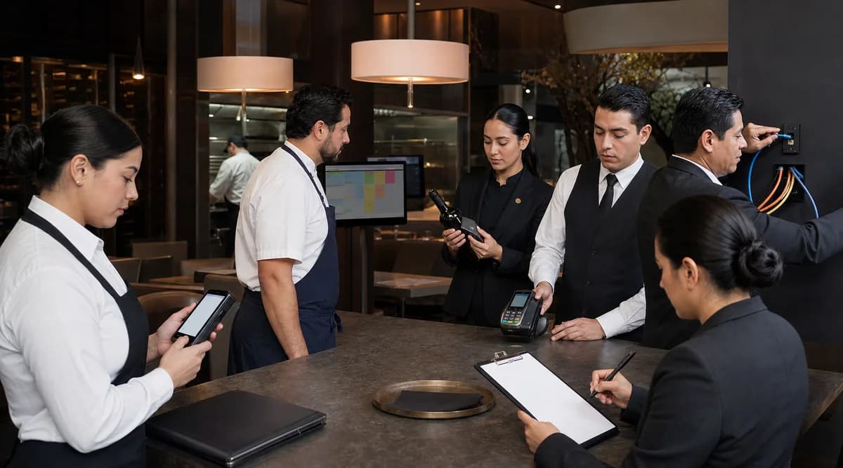 Equipo fine dining probando handheld, cocina, botella, pago y desconexión controlada de red