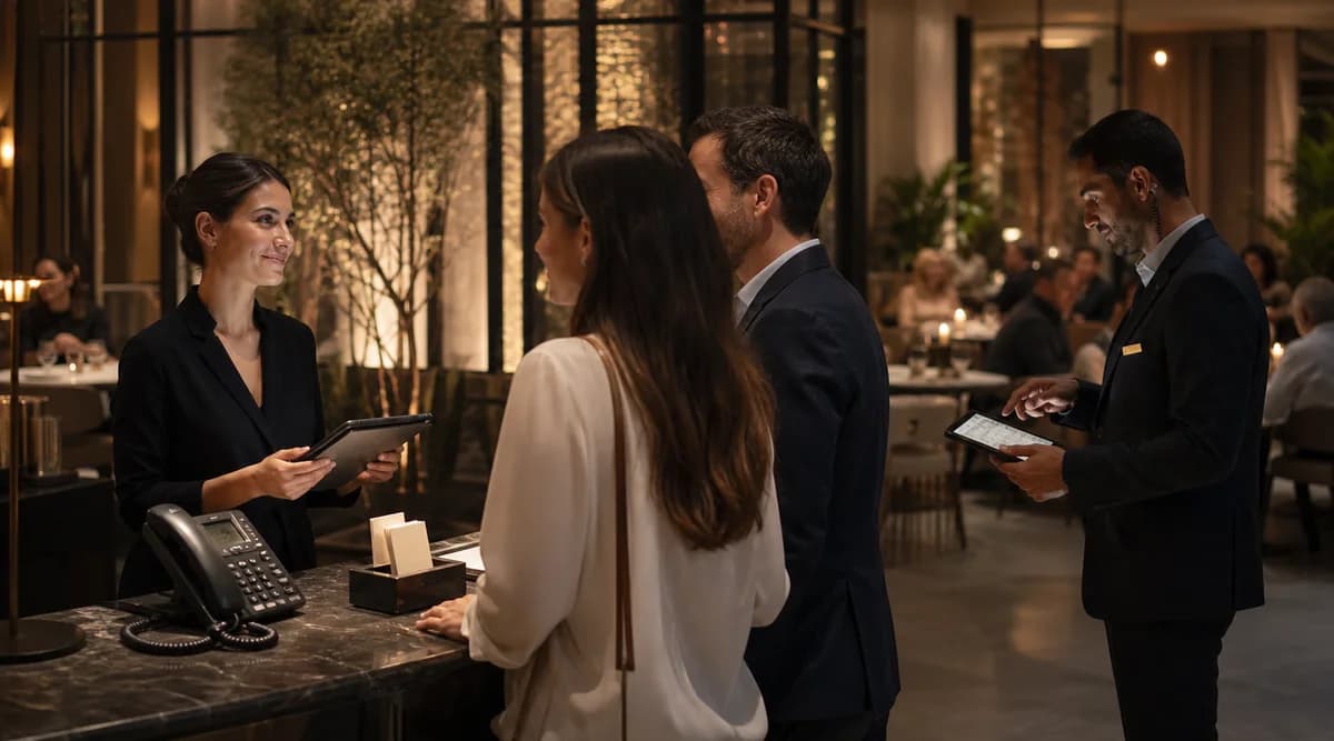 Equipo de recepción coordinando reservas online y llegada de comensales en un restaurante