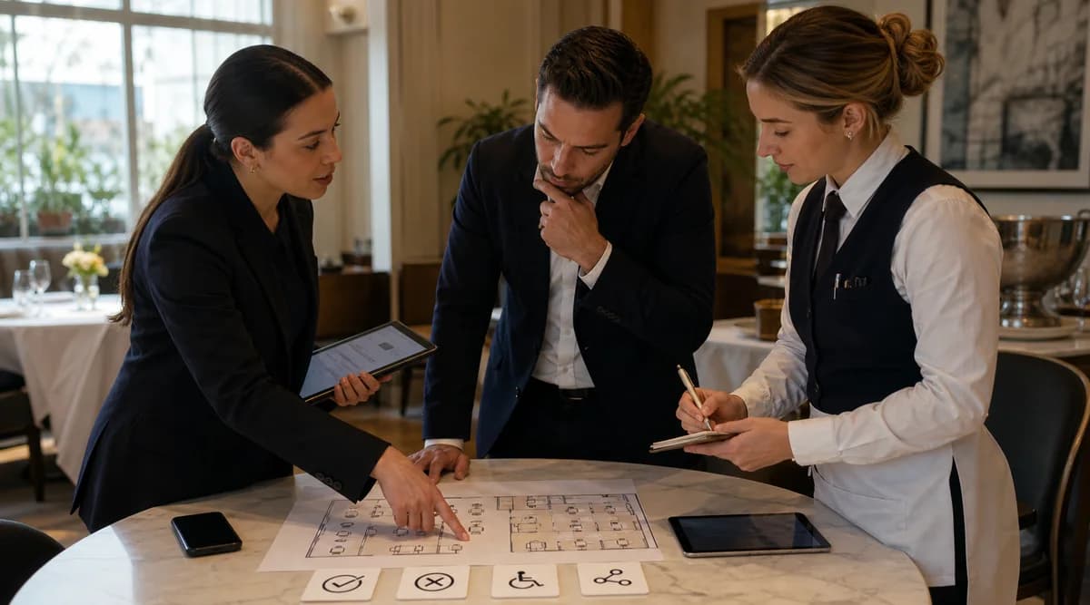 Equipo de sala ensayando el flujo de reservas online sobre un plano de mesas antes del servicio