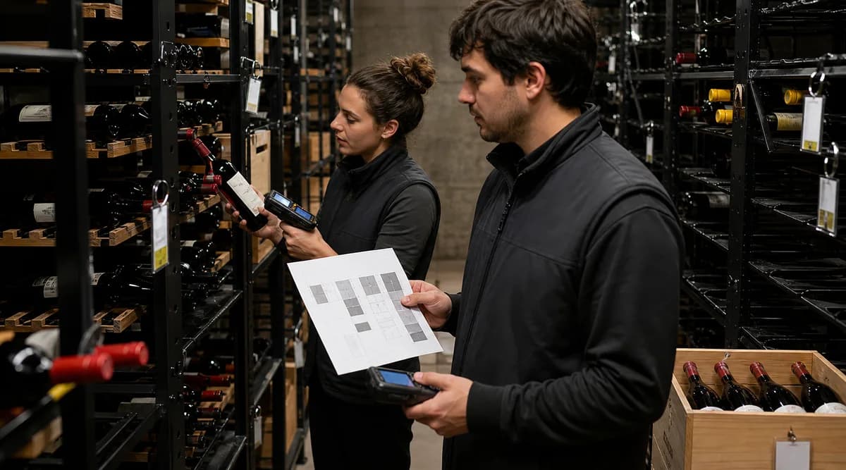 Equipo concilia un mapa de racks mientras registra la ubicación de una botella
