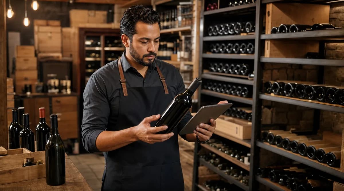 Sommelier escaneando una botella con una tableta dentro de la cava del restaurante