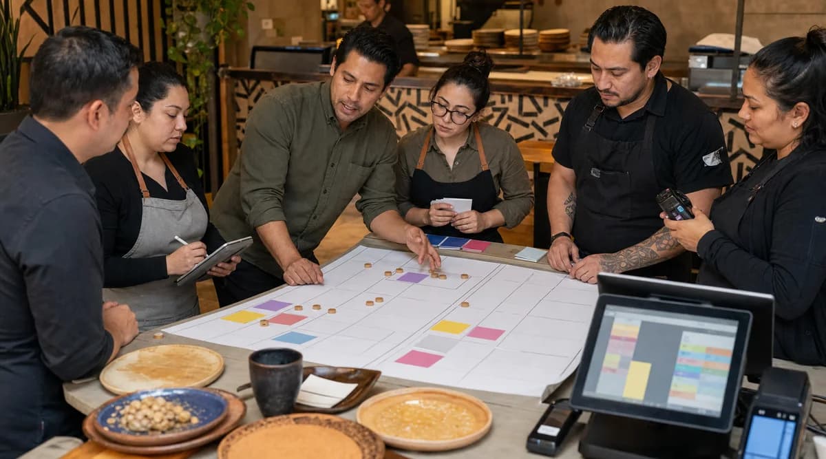 Equipo de restaurante probando recorridos de servicio con un mapa, dispositivos y tarjetas de colores