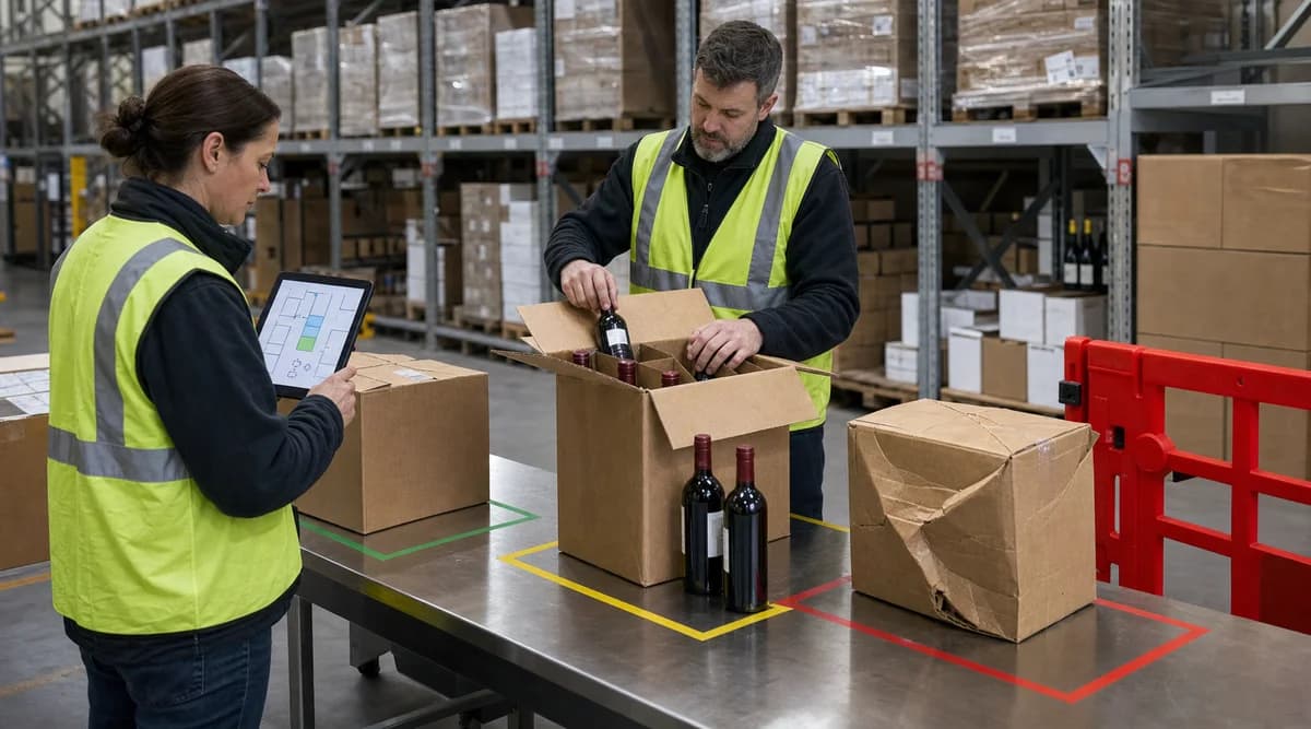 Operadores inspeccionan y separan cajas de vino durante la recepción