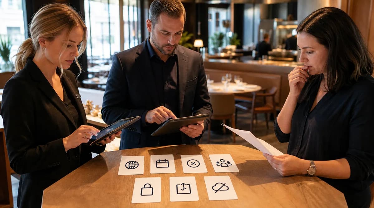 Equipo de restaurante probando sistemas de reservas con siete escenarios operativos antes de elegir