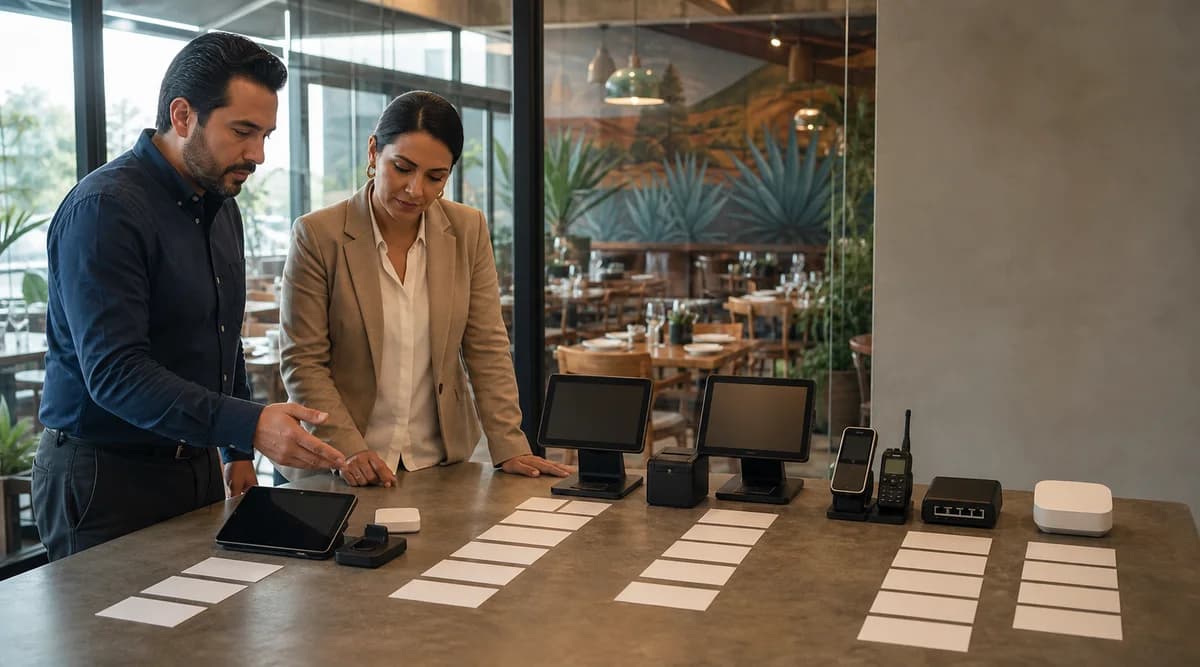Responsables de restaurante comparando tres configuraciones de software y hardware por costo total