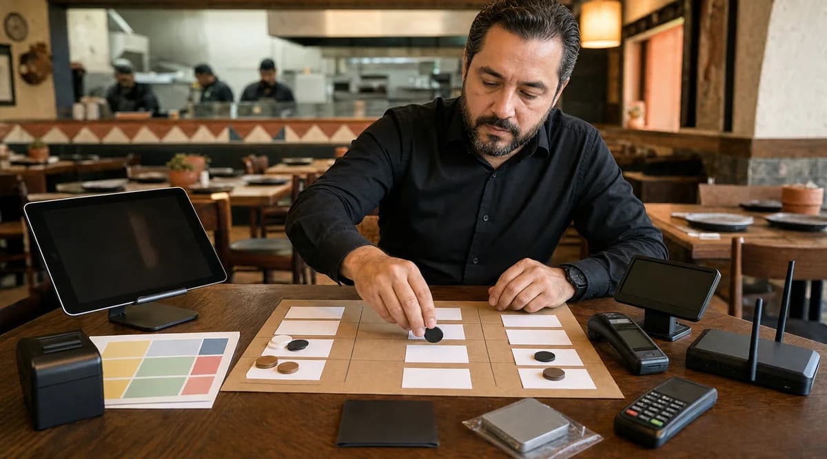 Gerente construyendo escenarios de costo total con dispositivos de restaurante y tarjetas en blanco