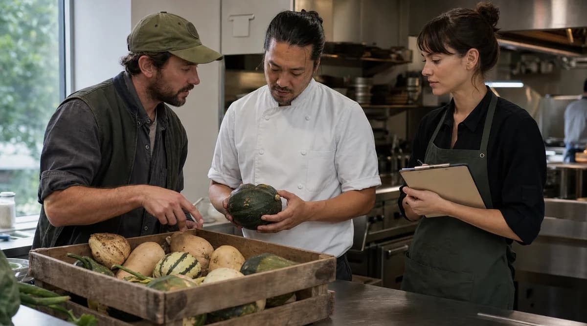 Equipo de restaurante documentando un ingrediente con su productora antes de escribir la historia del plato