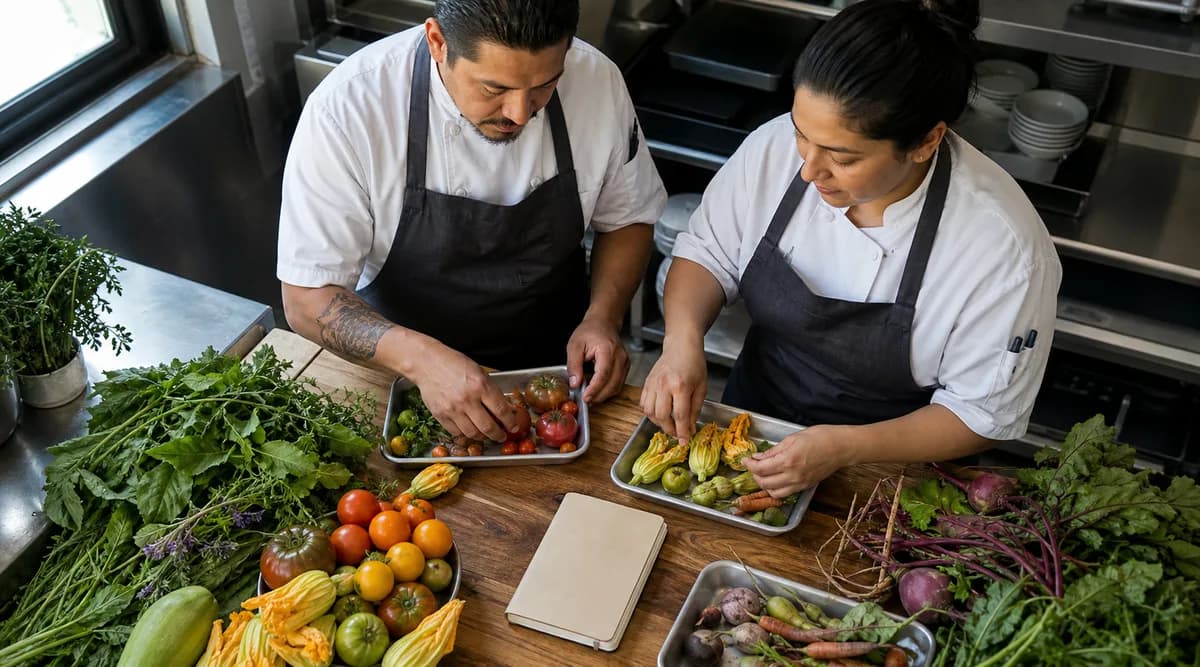 Chef y sous-chef clasificando verduras de temporada para una prueba de menú