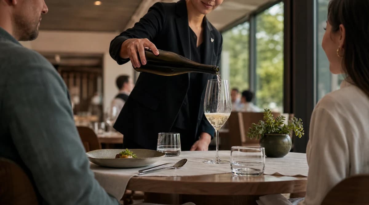 Sommelier sirve una opción NoLo en una mesa de restaurante contemporáneo