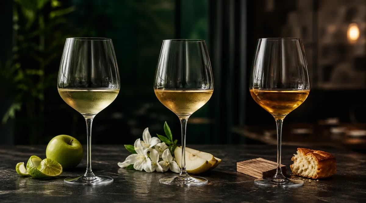Tres copas de vino blanco de tonos pajizo, dorado y ámbar con referencias aromáticas