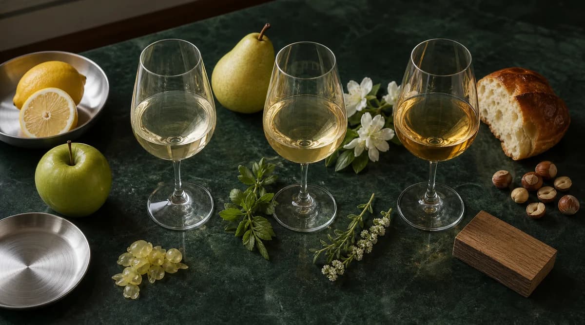 Tres estilos de vino blanco acompañados de frutas, flores, lías y madera como referencias sensoriales