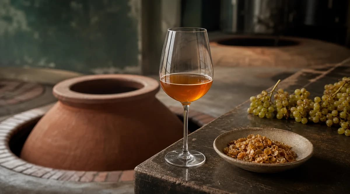 Copa de vino ámbar junto a uvas blancas, pieles y un qvevri de arcilla