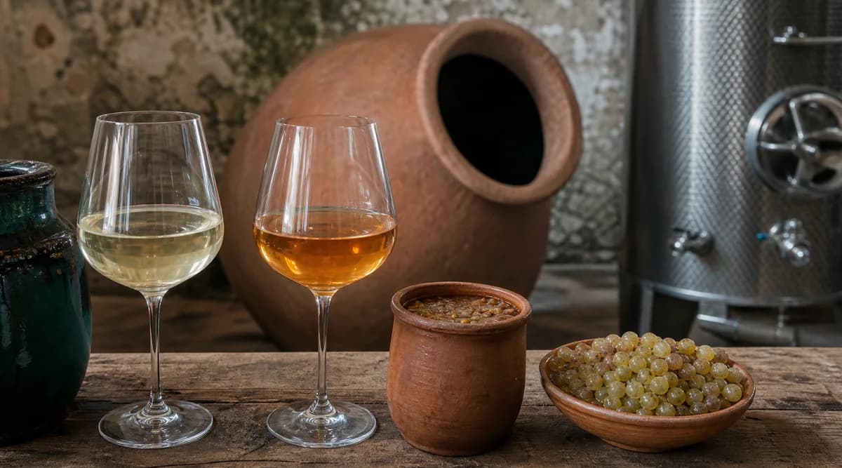 Dos copas comparan vino blanco pálido y vino ámbar junto a uvas, pieles, arcilla y acero