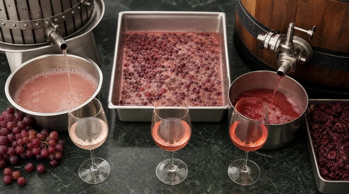 Tres zonas de bodega representan prensado directo, maceración corta y sangrado para elaborar rosado
