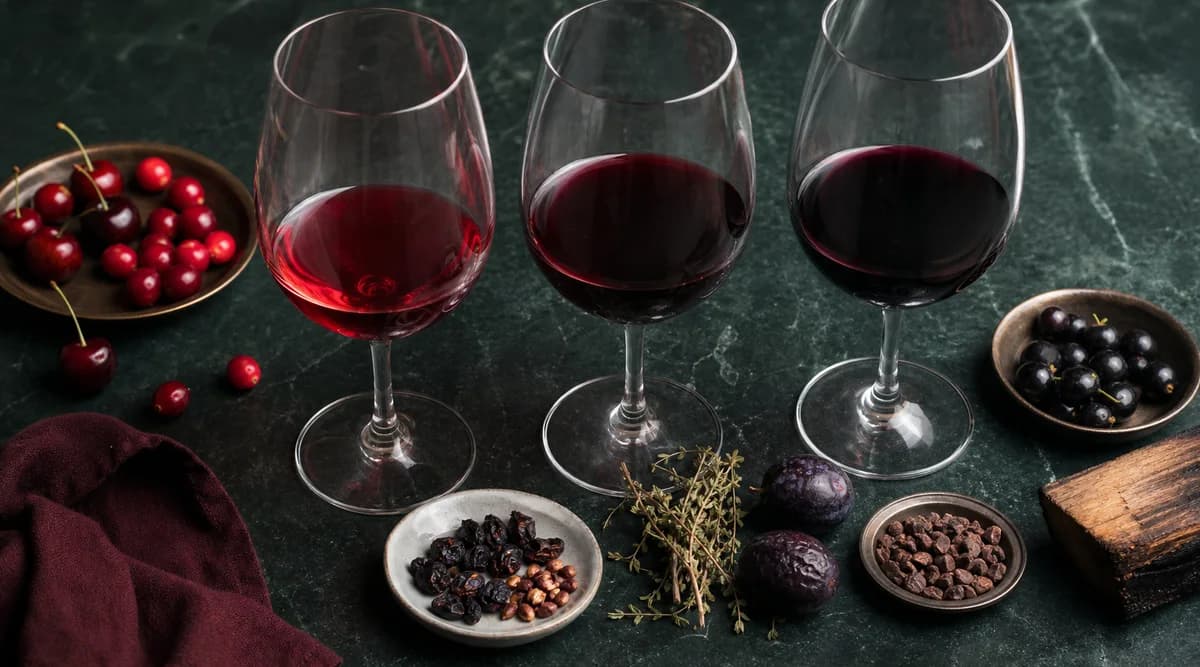 Tres estilos de vino tinto con frutas, hierbas, hollejos, pepitas, cacao y madera como referencias sensoriales