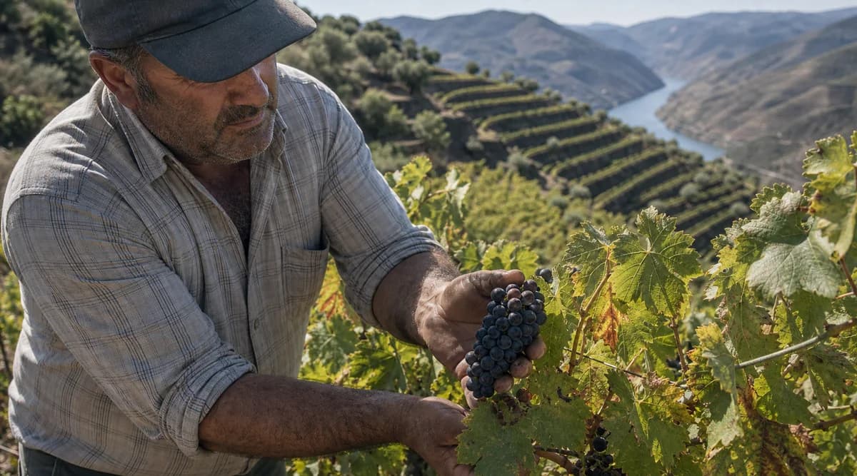 Viticultor observa un racimo de uvas tintas en las terrazas del valle del Douro