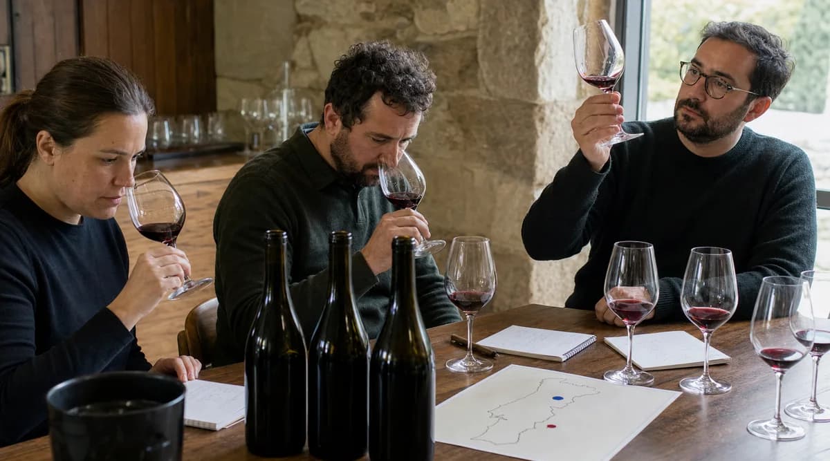 Profesionales comparan varios vinos tintos en una cata de Dão y Douro
