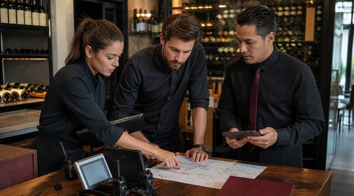Responsables de restaurante auditando dependencias y disponibilidad del software antes del servicio