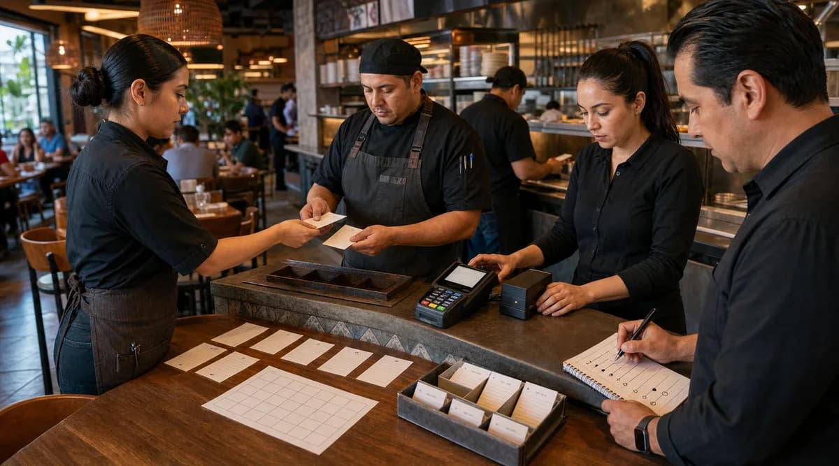 Equipo de restaurante practicando comandas manuales y reconciliación durante un simulacro de continuidad