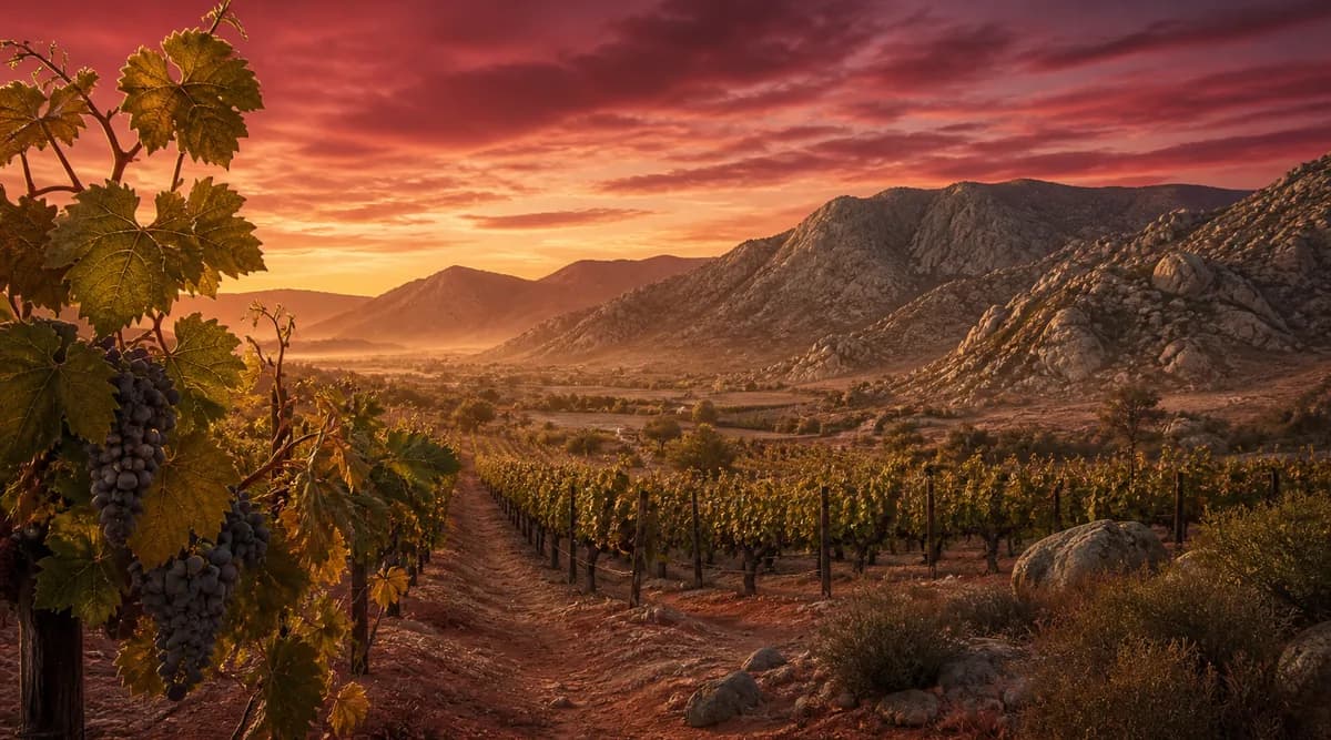 Hileras de viñedo en Valle de Guadalupe al atardecer con montañas de granito al fondo