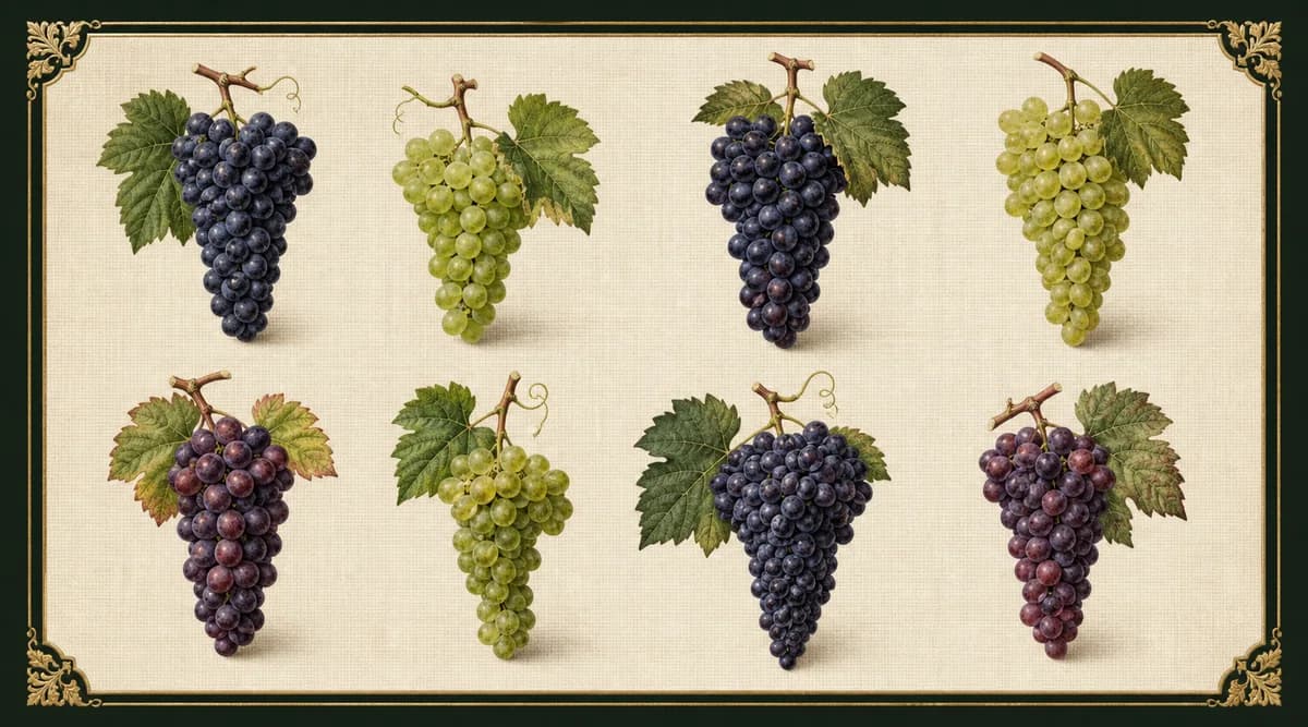 Ocho racimos de uvas tintas y blancas organizados como lámina botánica comparativa