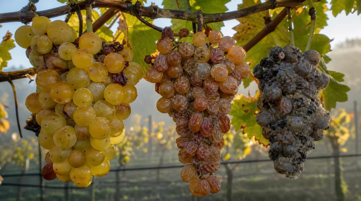 Tres racimos muestran sobremadurez, botrytis noble y podredumbre gris
