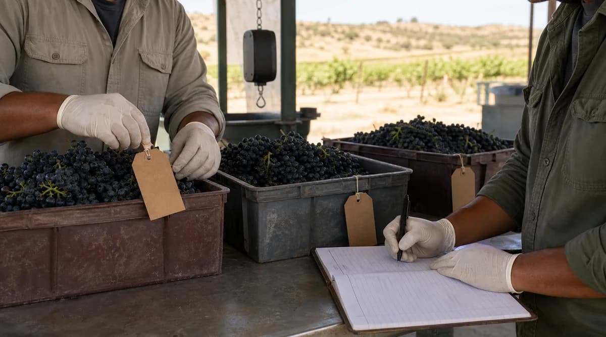 Personal de bodega colocando etiquetas de lote en cajas de uva tinta