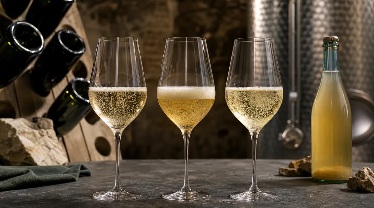 Tres copas de vino espumoso frente a un pupitre de botellas, tanque y botella con sedimento