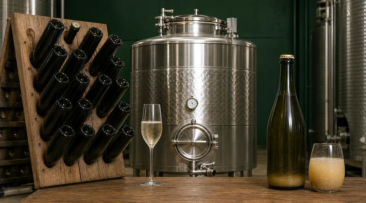Pupitre de botellas, tanque presurizado y botella con sedimento representan métodos de espumoso
