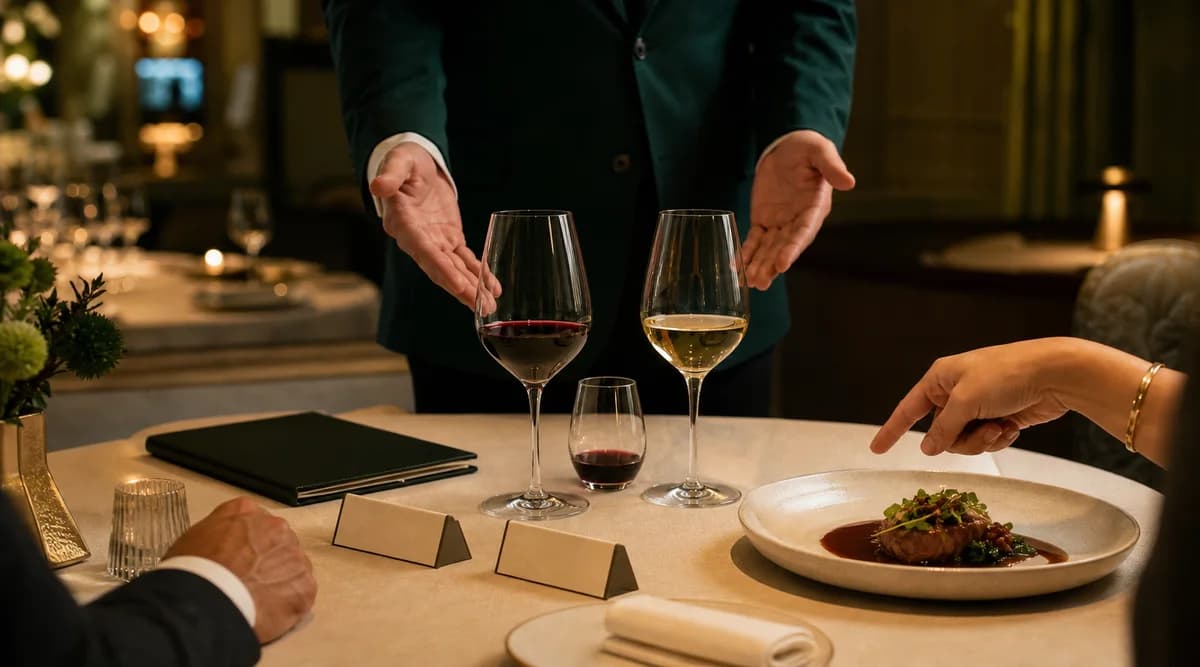 Sommelier presenta dos opciones de vino mientras una comensal señala la salsa de su plato
