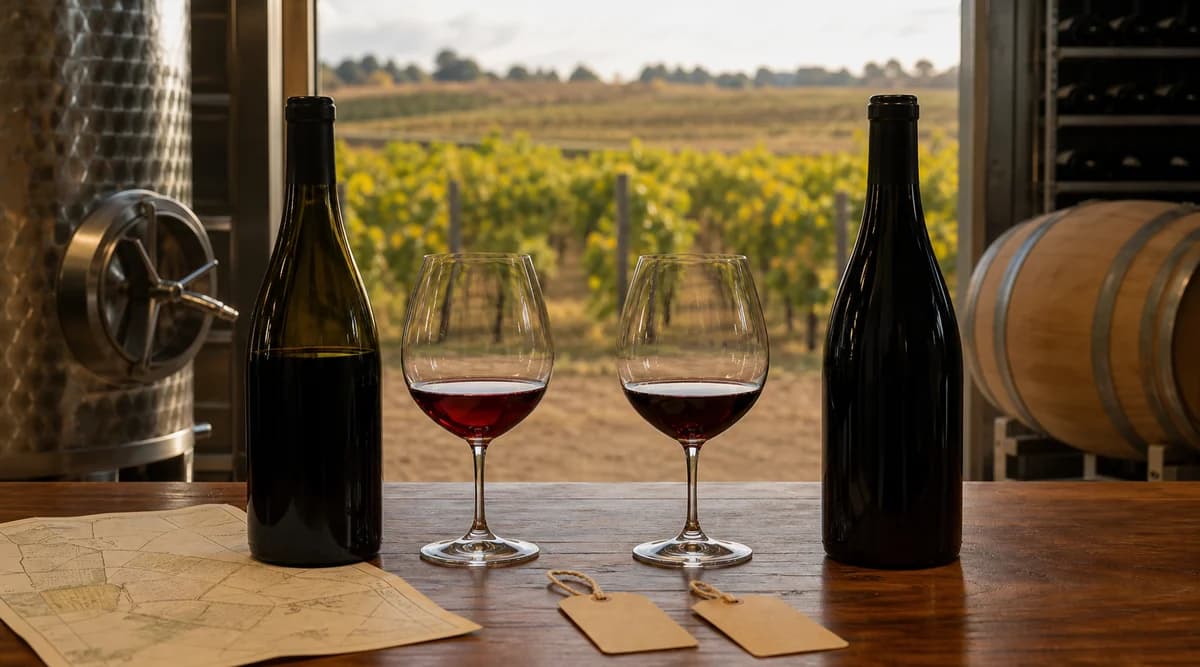 Comparación de dos vinos ante viñedo, tanque de acero, barrica y botellero