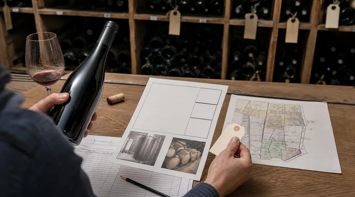 Comprador revisa una botella con ficha técnica, mapa de parcela e inventario de cava