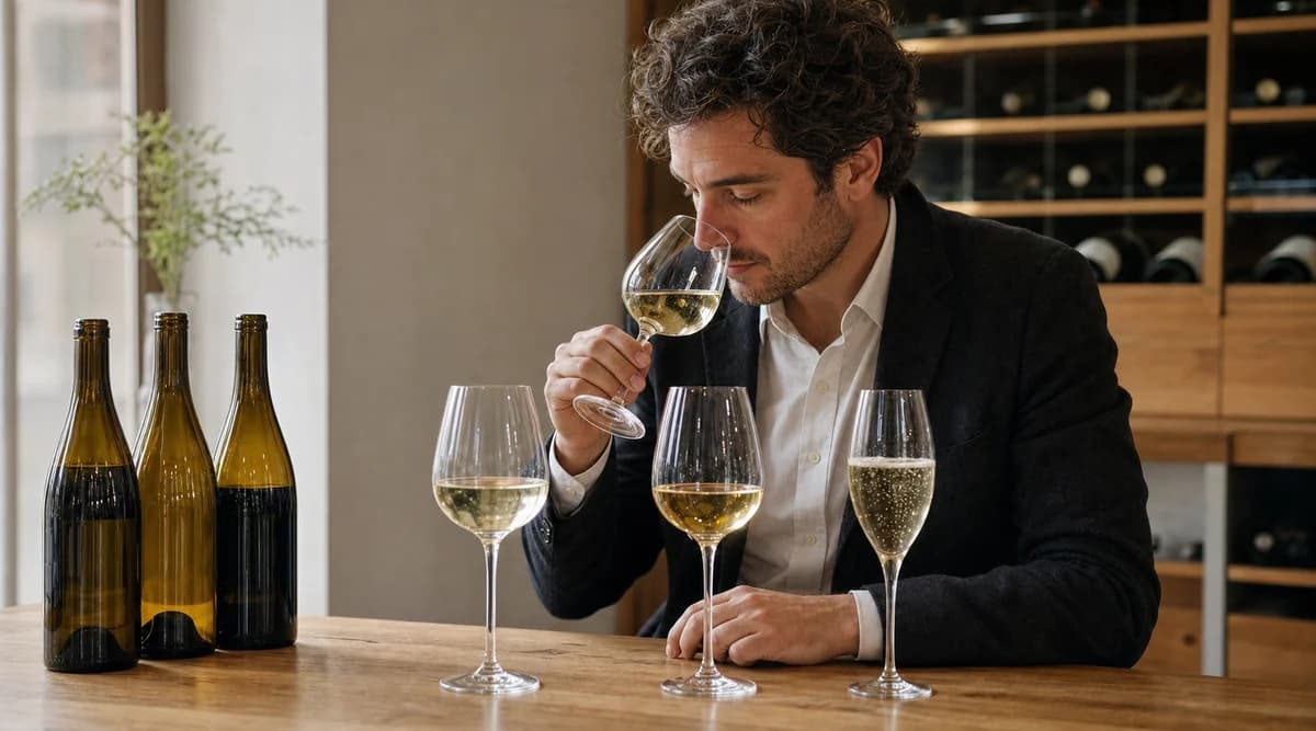 Sommelier compara vinos naturalmente ligeros en una mesa de cata