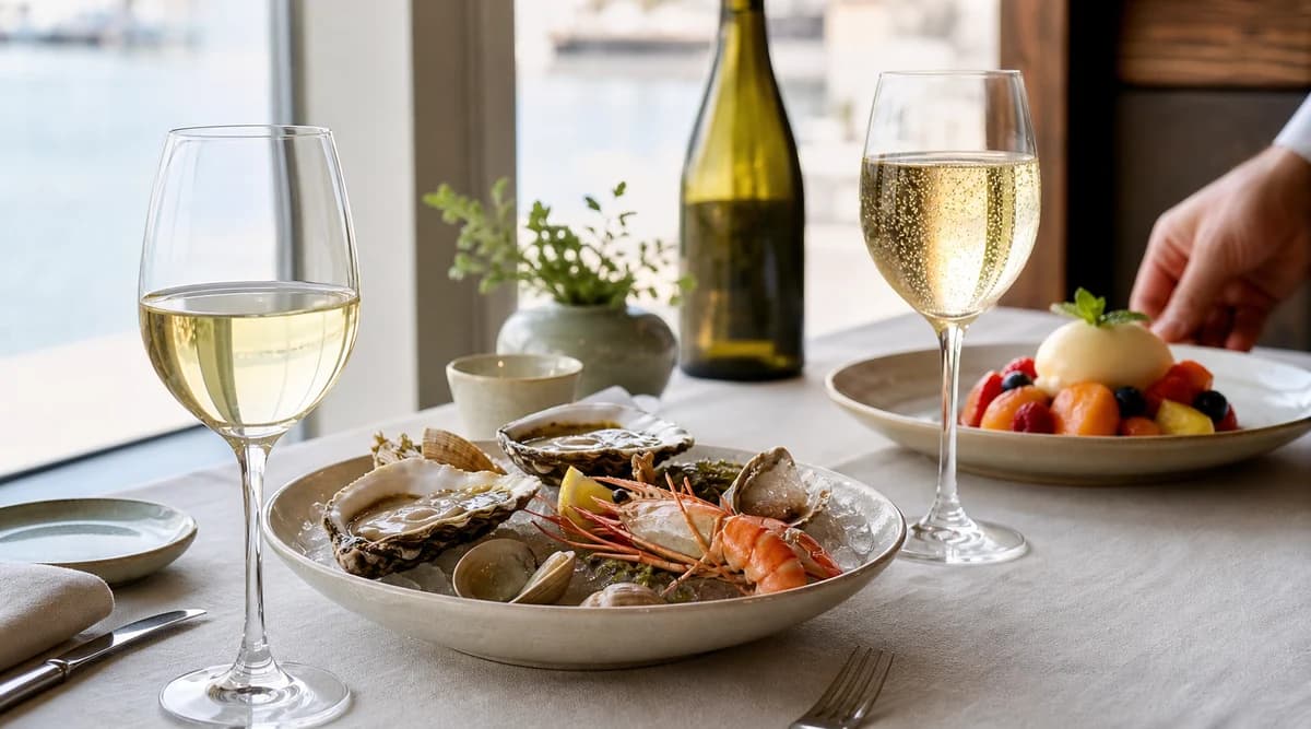 Riesling ligero servido con mariscos y Moscato d'Asti junto a un postre de fruta