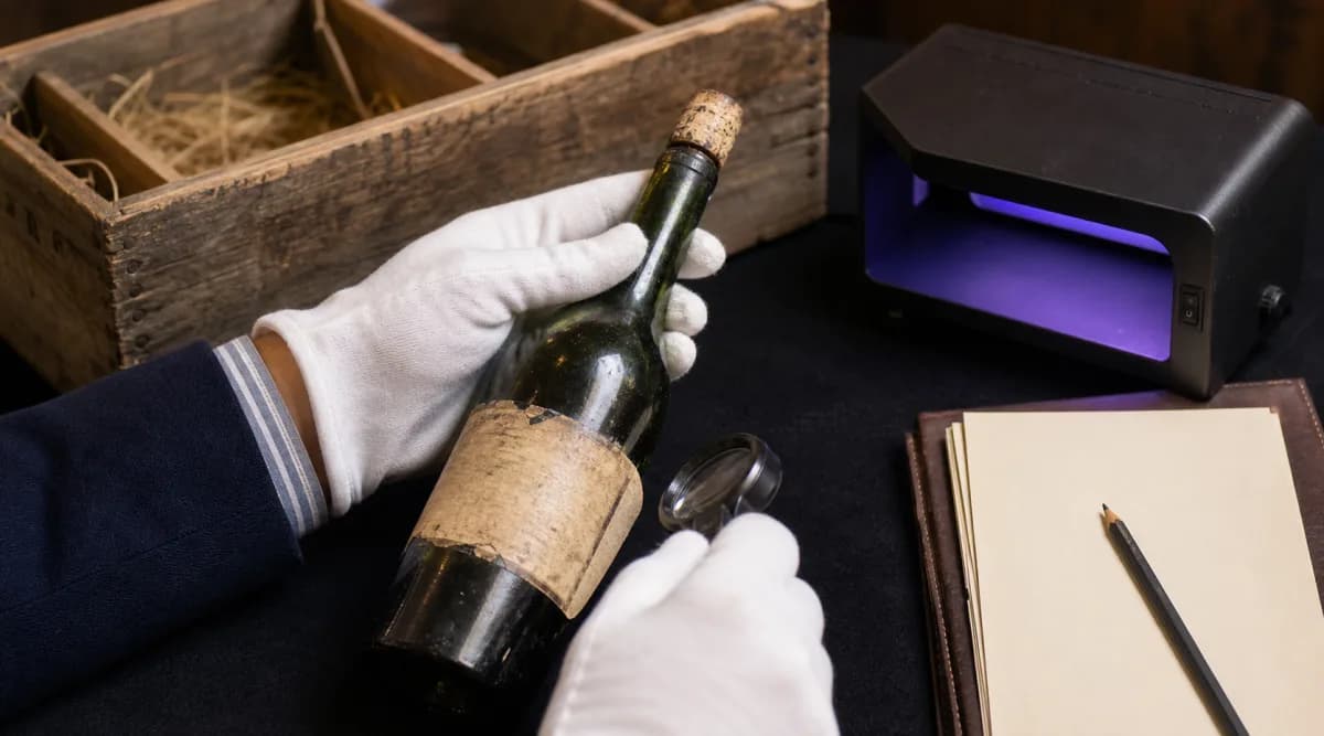 Especialista revisando la procedencia y condición de una botella histórica