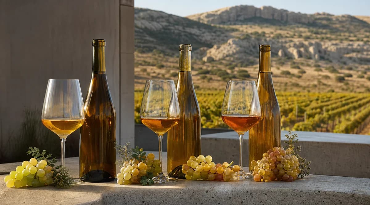 Tres vinos ámbar sin etiqueta servidos frente a un viñedo mexicano