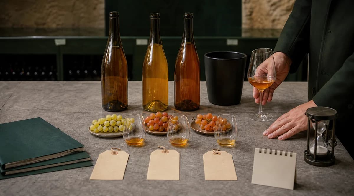 Sommelier compara tres vinos ámbar con uvas y fichas técnicas sin texto