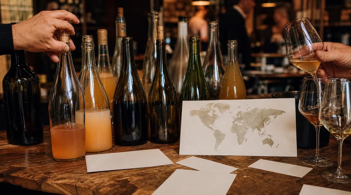Botellas de vino sin etiqueta, copas, mapa y fichas de asociaciones en un bar