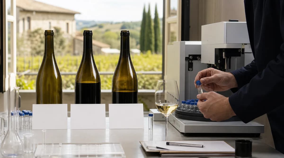 Inspector compara tres vinos sin etiqueta con fichas de protocolo y análisis de laboratorio