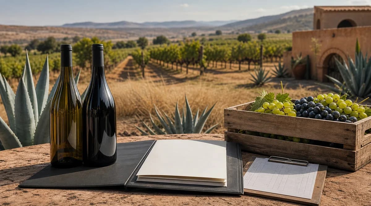 Botellas sin etiqueta, uvas y expediente de certificación en un viñedo mexicano