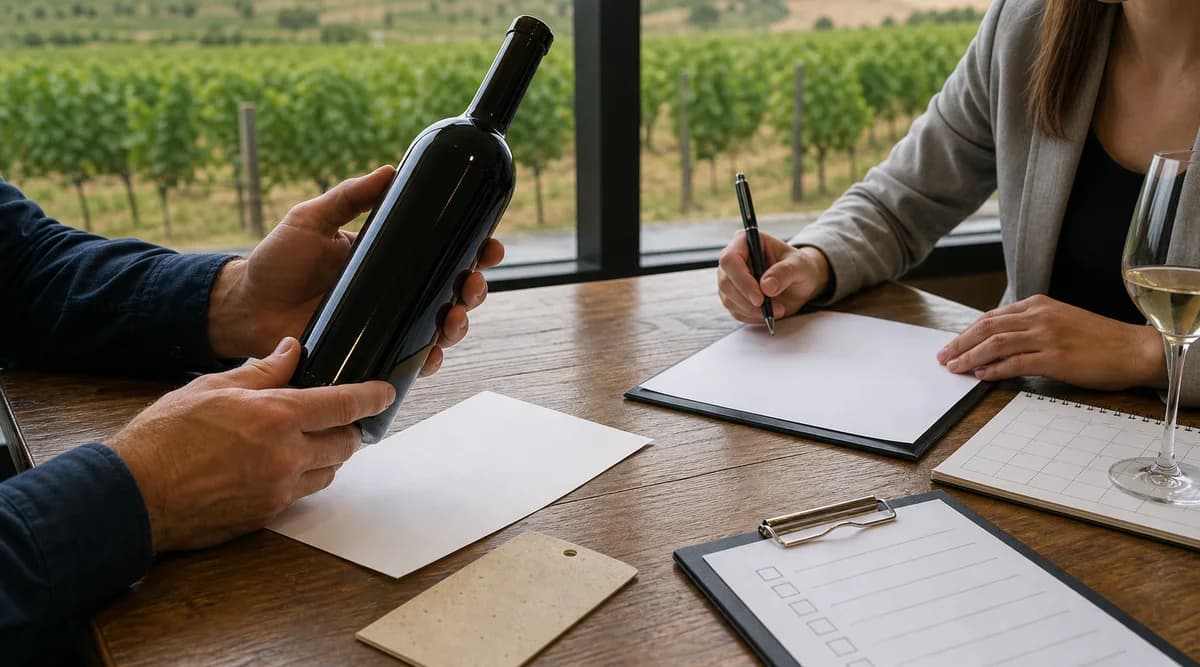 Comprador y auditora comparan una botella con certificado, calendario y lista de alcance