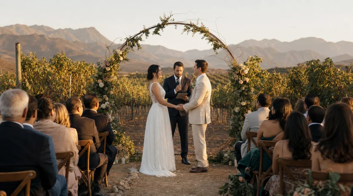 Ceremonia de boda en viñedo mexicano con arco floral y viñedos al fondo al atardecer