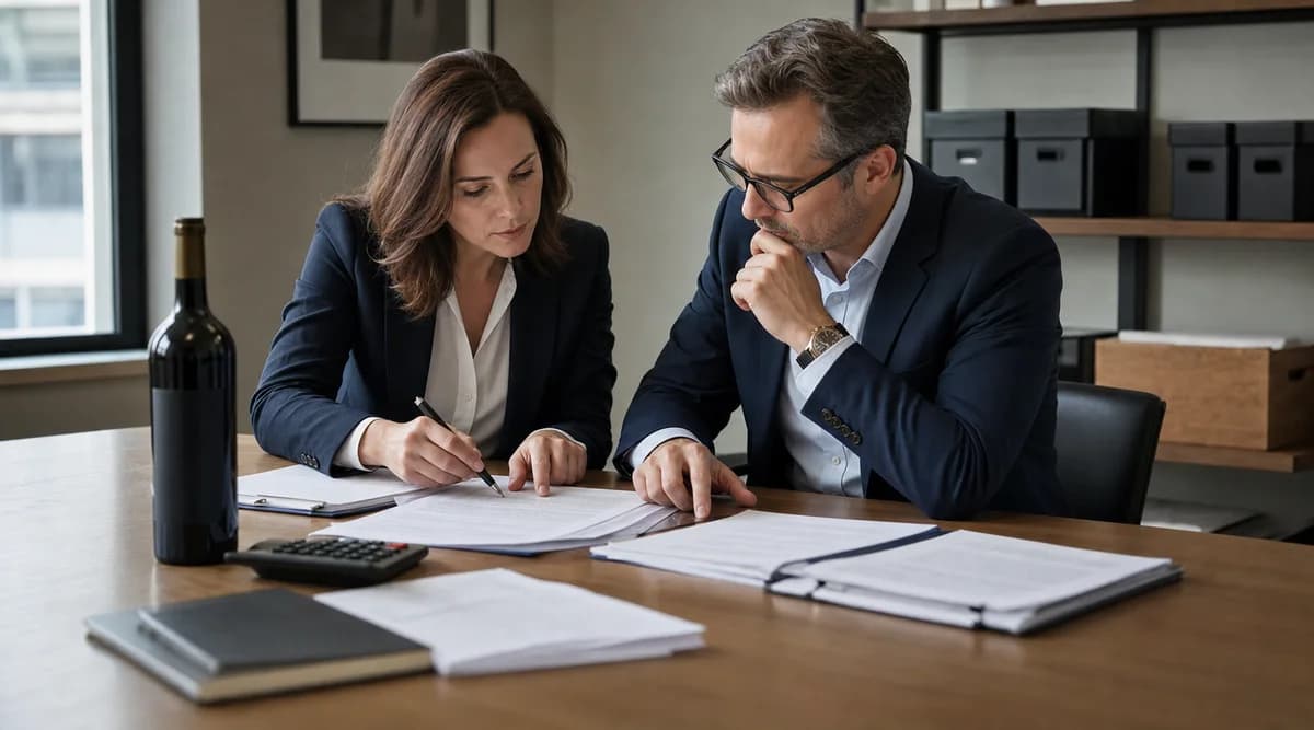 Profesionales revisan documentos de custodia y comisiones de una inversión vinculada al vino