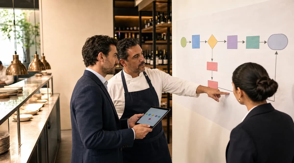 Equipo de restaurante diseña un workflow con validación y ruta de excepción