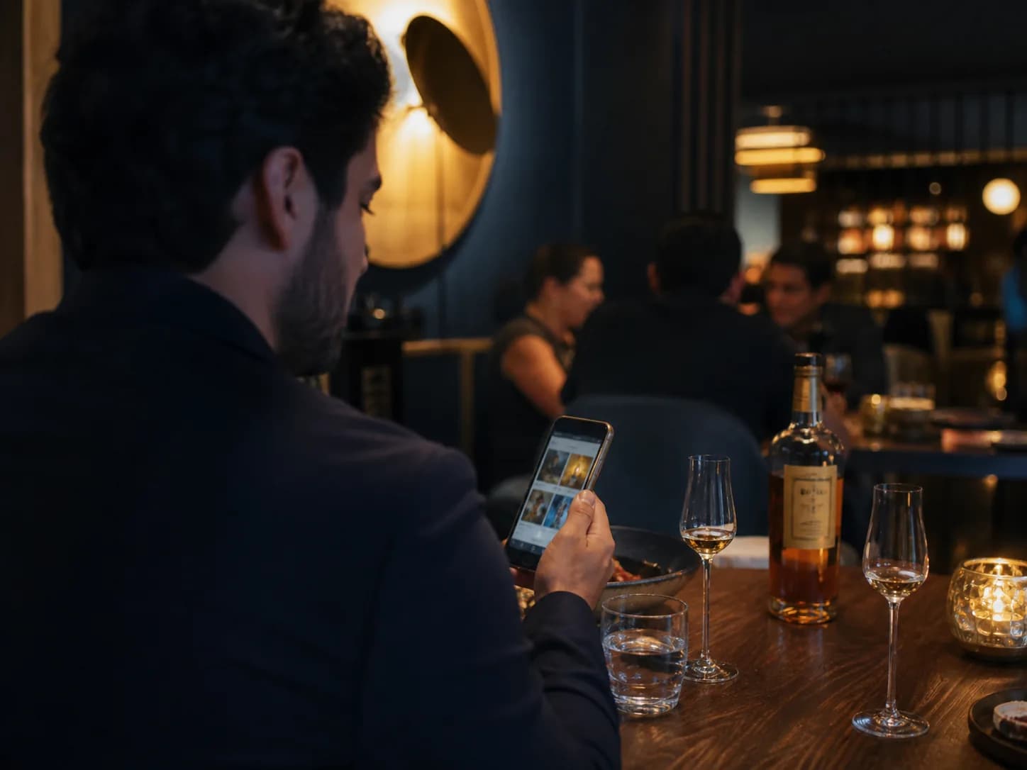 Socio consultando su teléfono durante una visita al restaurante