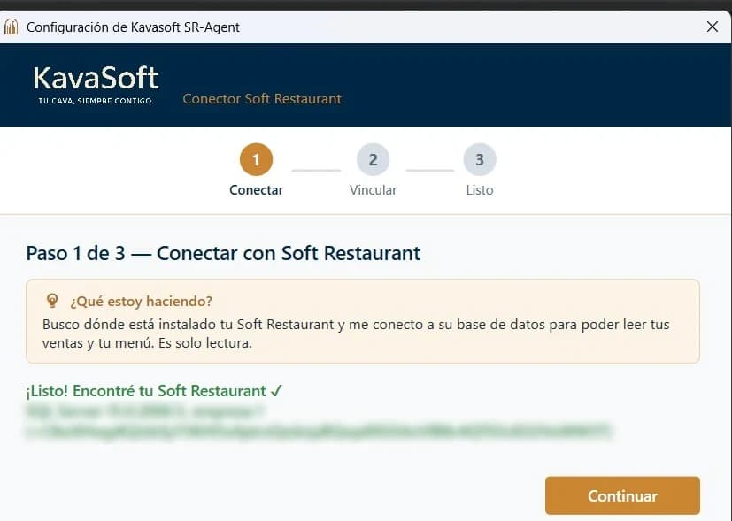 El conector SR Agent reconoce la instalación de Soft Restaurant del restaurante