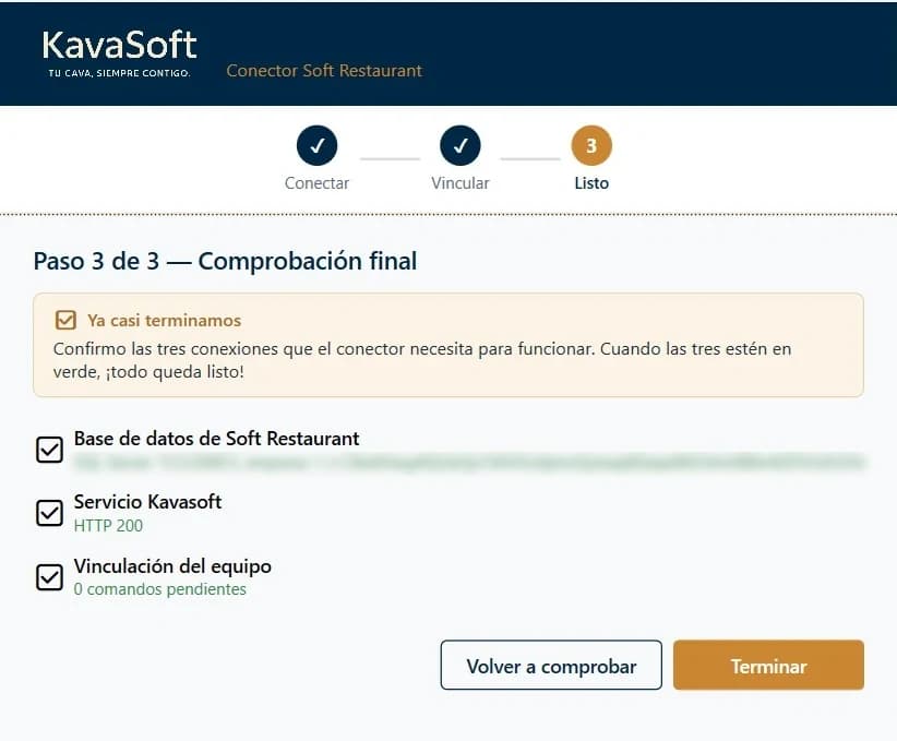 Comprobación final del conector SR Agent con las tres conexiones en verde